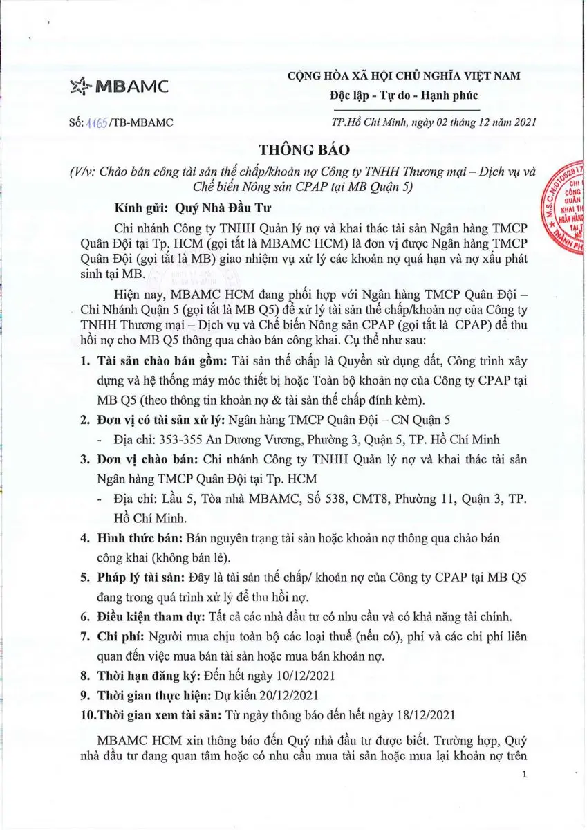 Ảnh chụp văn bản thông báo, trang 1
