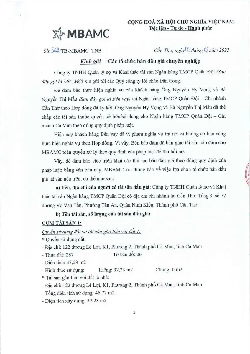 Ảnh chụp văn bản thông báo, trang 1