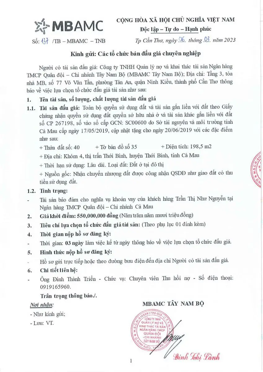 Ảnh chụp văn bản thông báo, trang 1