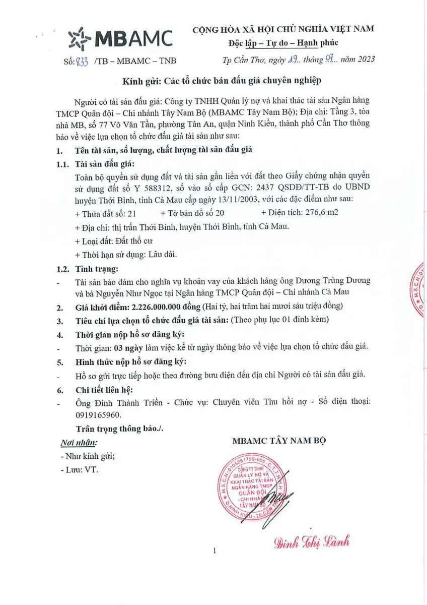 Ảnh chụp văn bản thông báo, trang 1