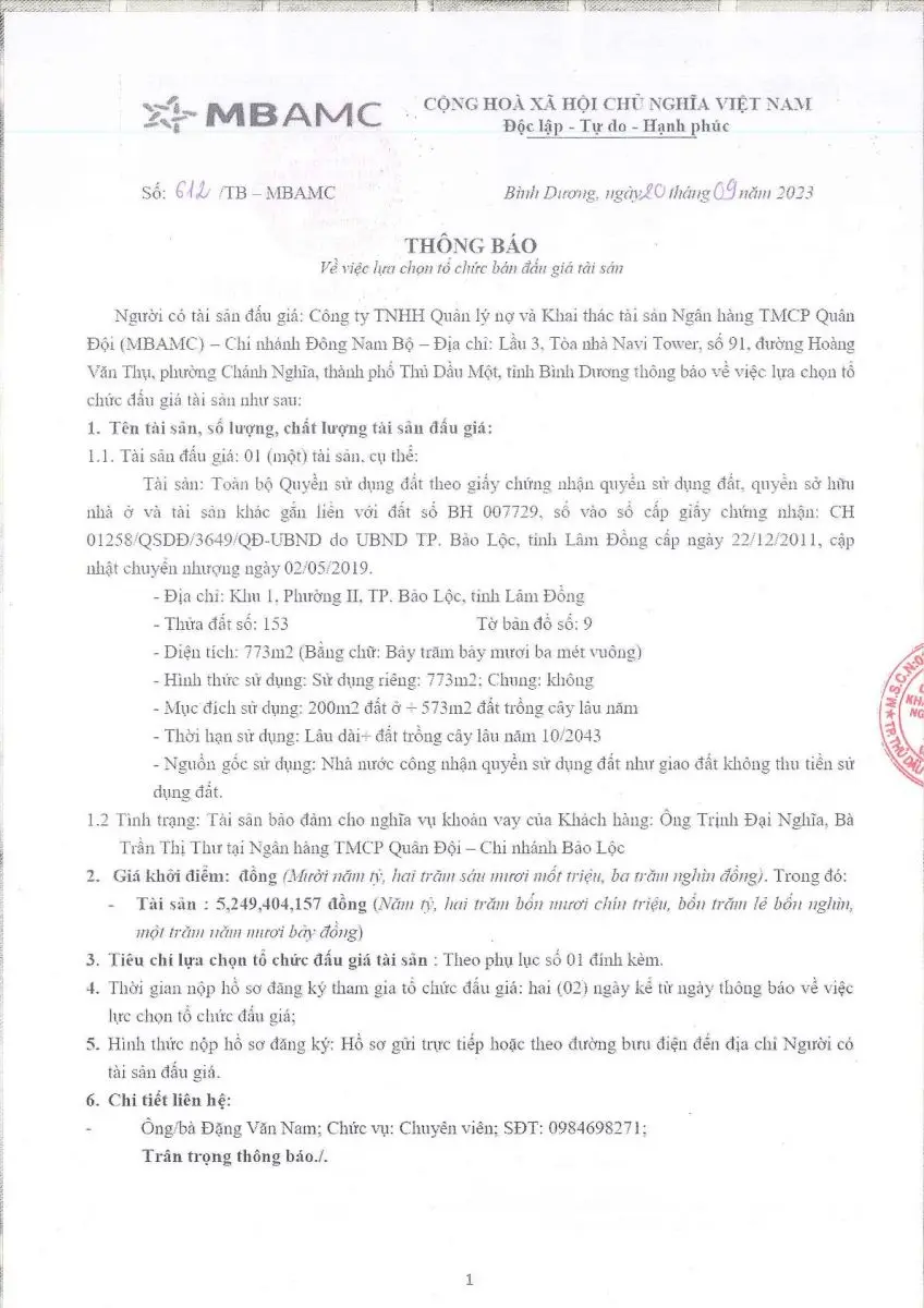 Ảnh chụp văn bản thông báo, trang 1