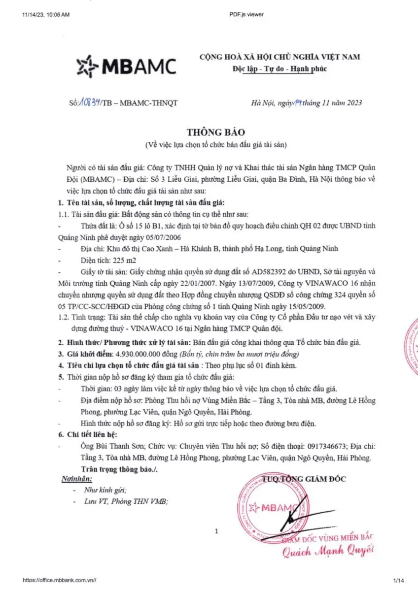 Ảnh chụp văn bản thông báo, trang 1