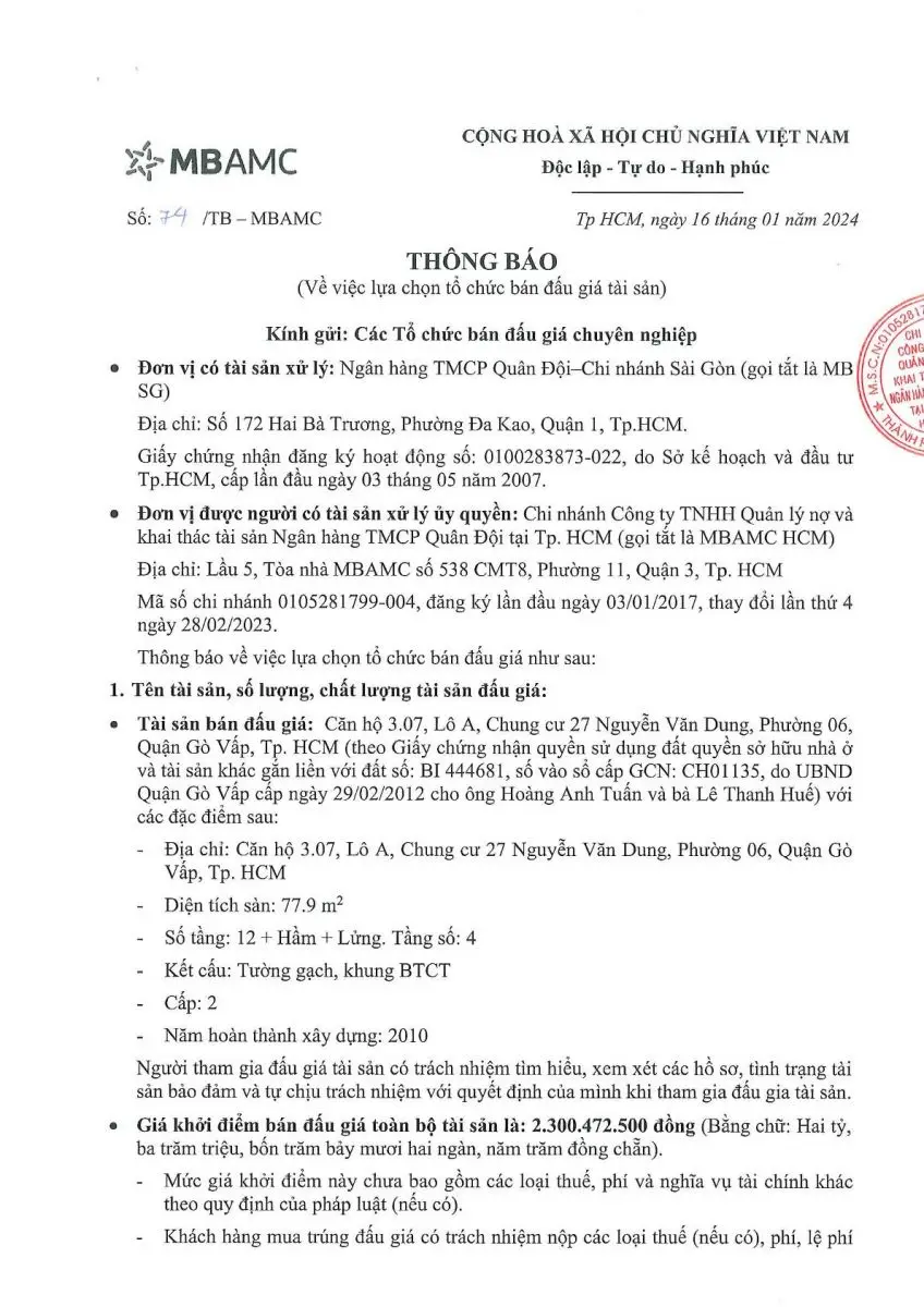 Ảnh chụp văn bản thông báo, trang 1