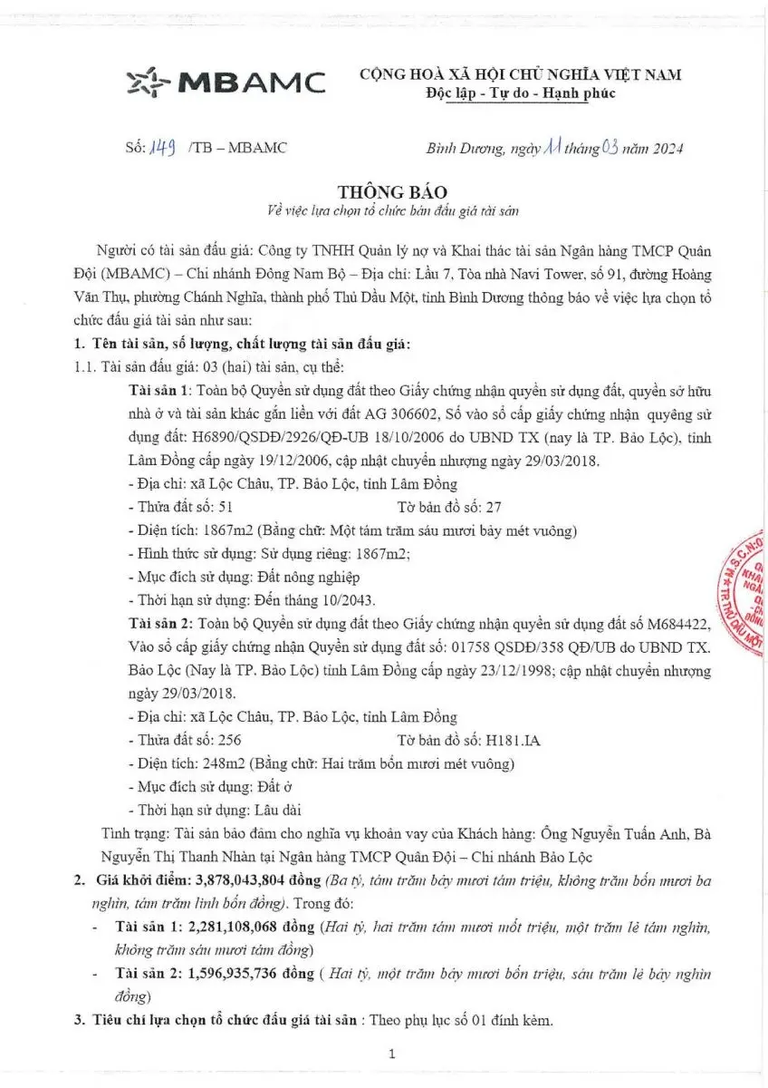 Ảnh chụp văn bản thông báo, trang 1