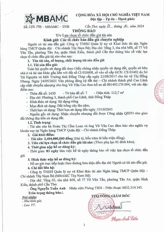 Ảnh chụp văn bản thông báo, trang 1